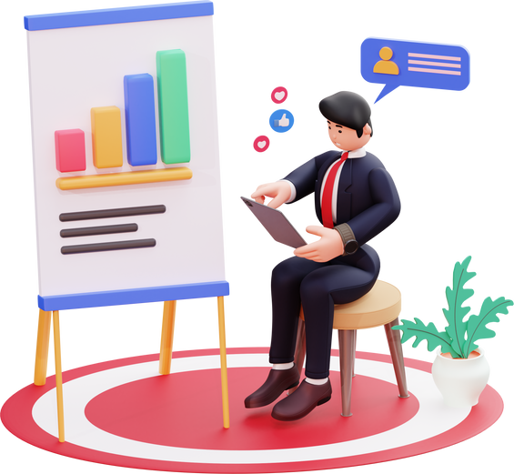 3d character businessman illustration with data presentation